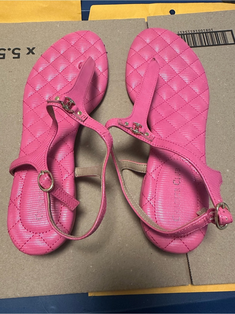 Charter Club Pink Quilted T-Strap Sandals with Gold Accents